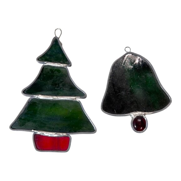 Vintage Stained Glass Christmas Tree & Bell Ornaments Handmade Green Red Holiday - Picture 1 of 4